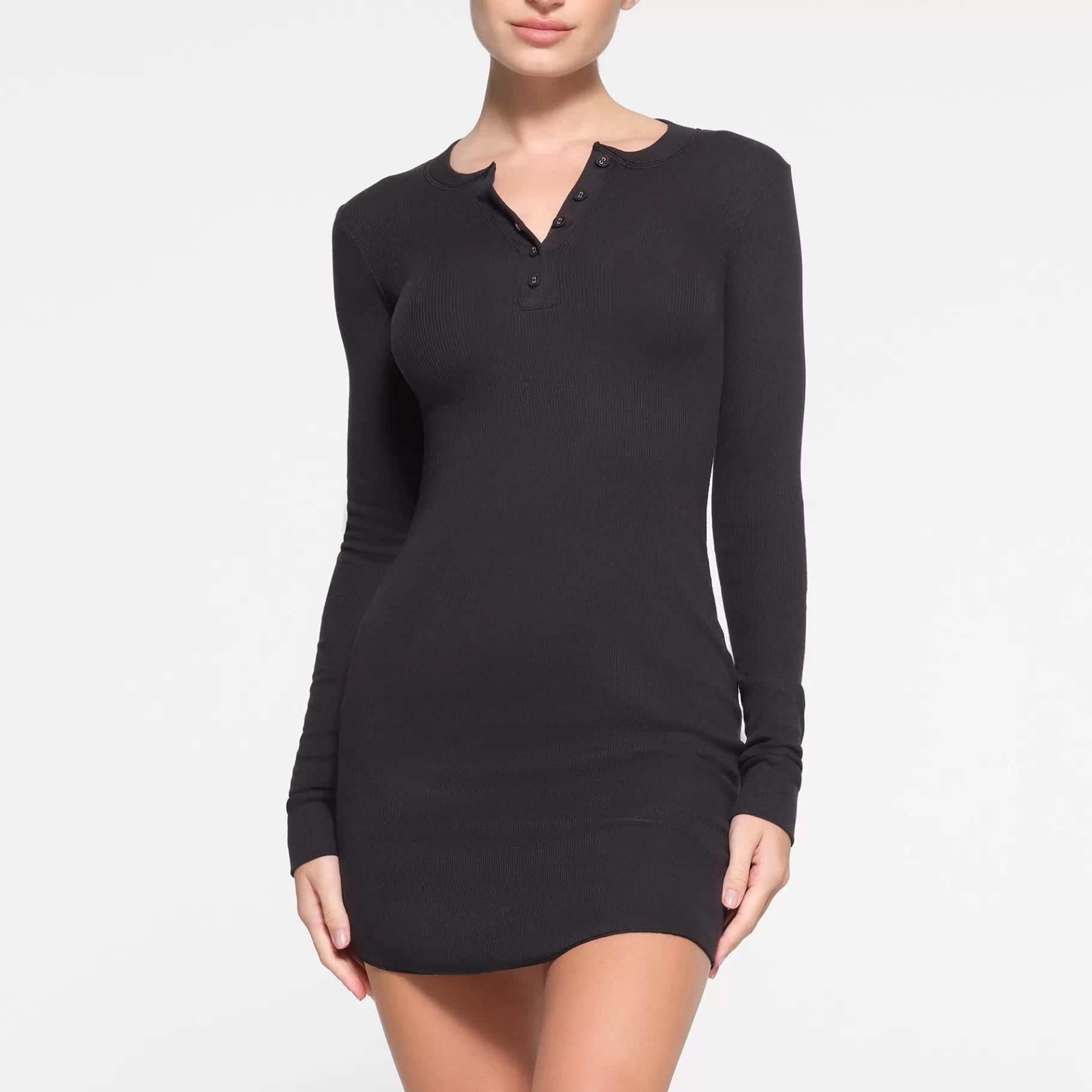 Skims cotton collection*COTTON RIB HENLEY MINI DRESS | SOOT