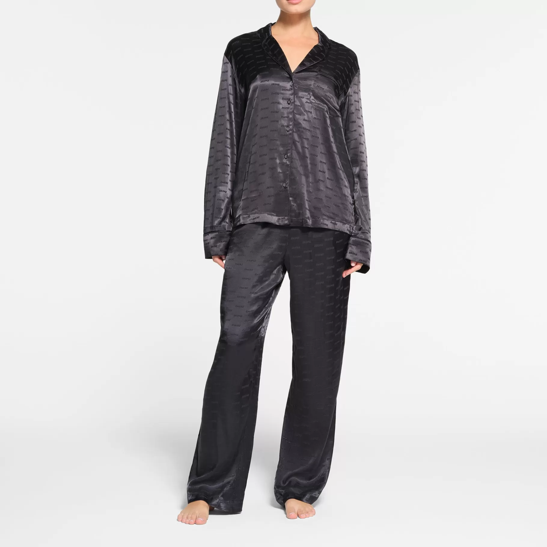 Skims pajamas* JACQUARD LONG SLEEVE BUTTON UP SLEEP SET | ONYX